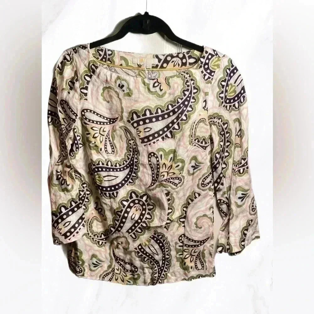 Boden multicolour Laurie bohemian casual linen paisley 3/4 flared  sleeve top 2 - Picture 2 of 6